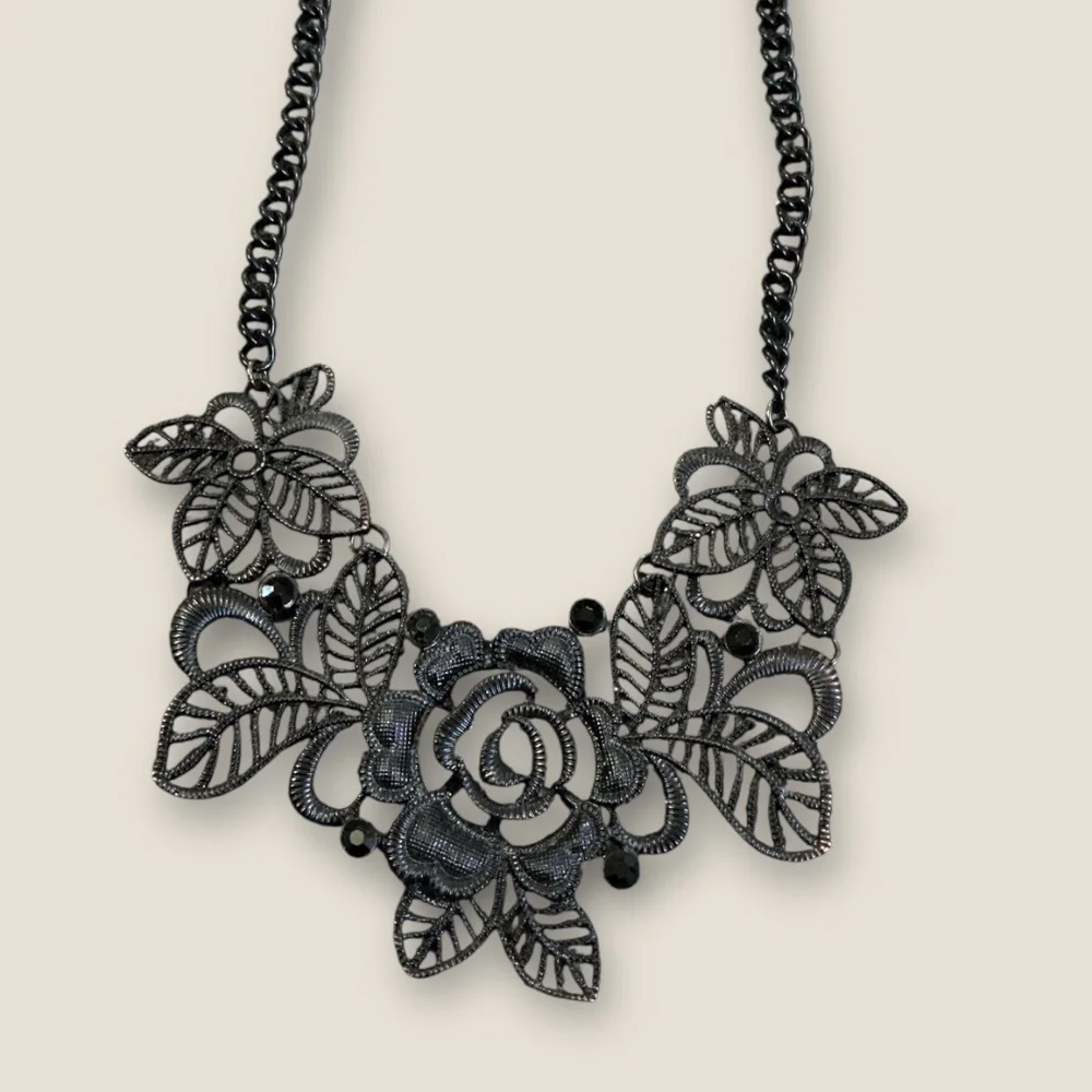 Black Panel Floral and Rhinestone Necklace